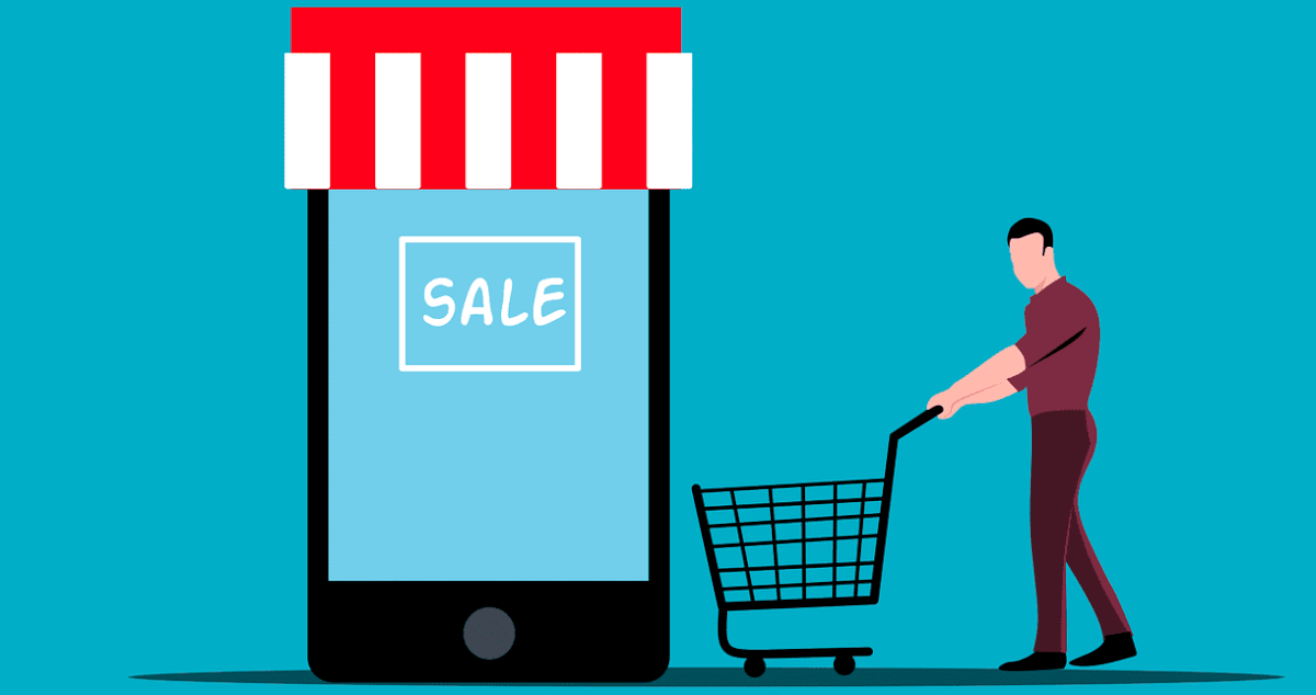BlauerHintergrundEinHandyderAlsShopverkleidetwurdeundeinMannfhrtmiteinemEinkaufswagenaufdenHandyshopzu.png
