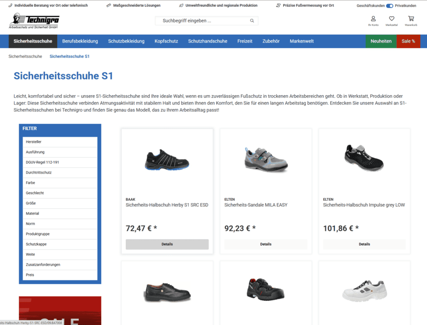Technigro Kategorieseite Sicherheitsschuhe S1 im bisherigen Shopware-Shop