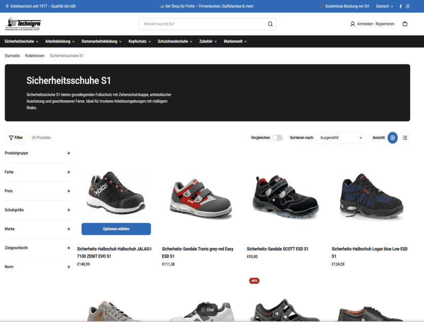 Technigro Kategorieseite Sicherheitsschuhe S1 im neuen Shopify-Shop mit Filtern und Vergleichsfunktion
