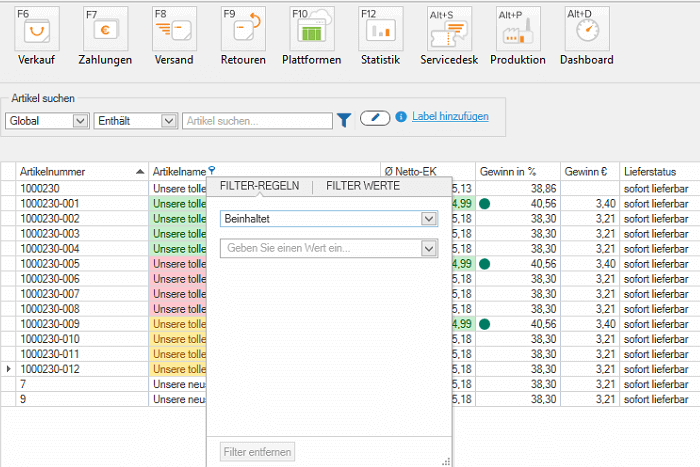 Wawi 1.6 Beispielansicht fr die Filterfunktion