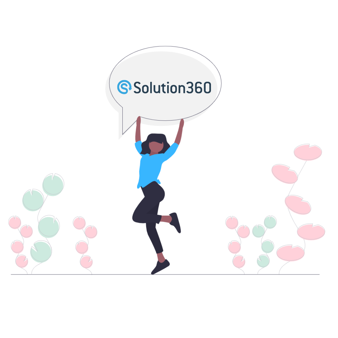 Illustration einer Person die fröhlich eine Sprechblase mit Aufschrift Solution360 hochhält.